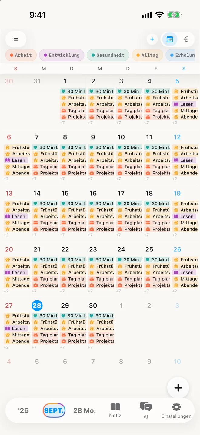 gollog — Monat. Echte App-Ansichten mit Beispieldaten
