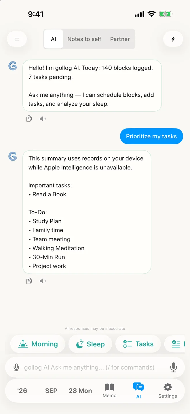 gollog — AI Chat. Actual app screens with example records