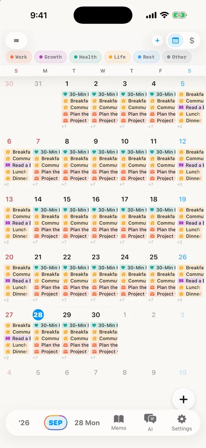 gollog — Month. Actual app screens with example records