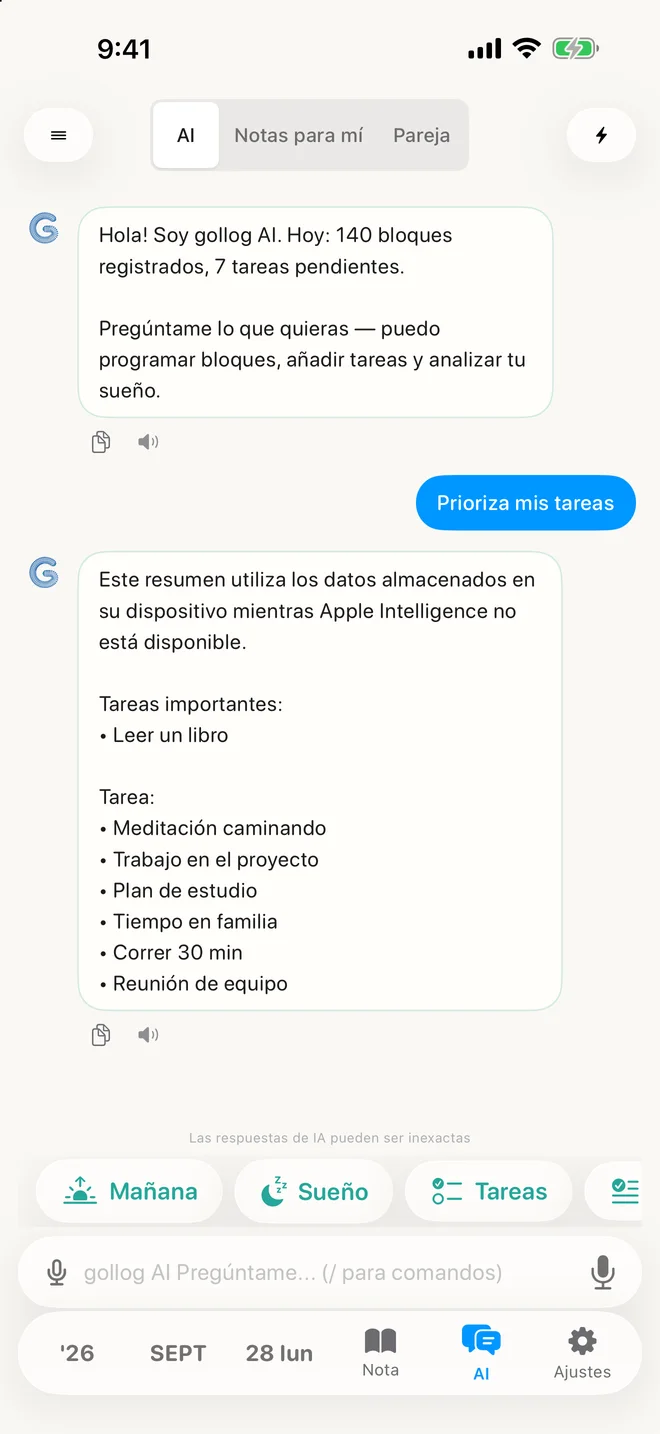 gollog — Chat IA. Pantallas reales con registros de ejemplo