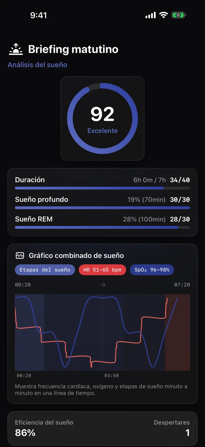 Revisa el sueño en contexto diario — Fases del sueño y frecuencia cardíaca se muestran separadas