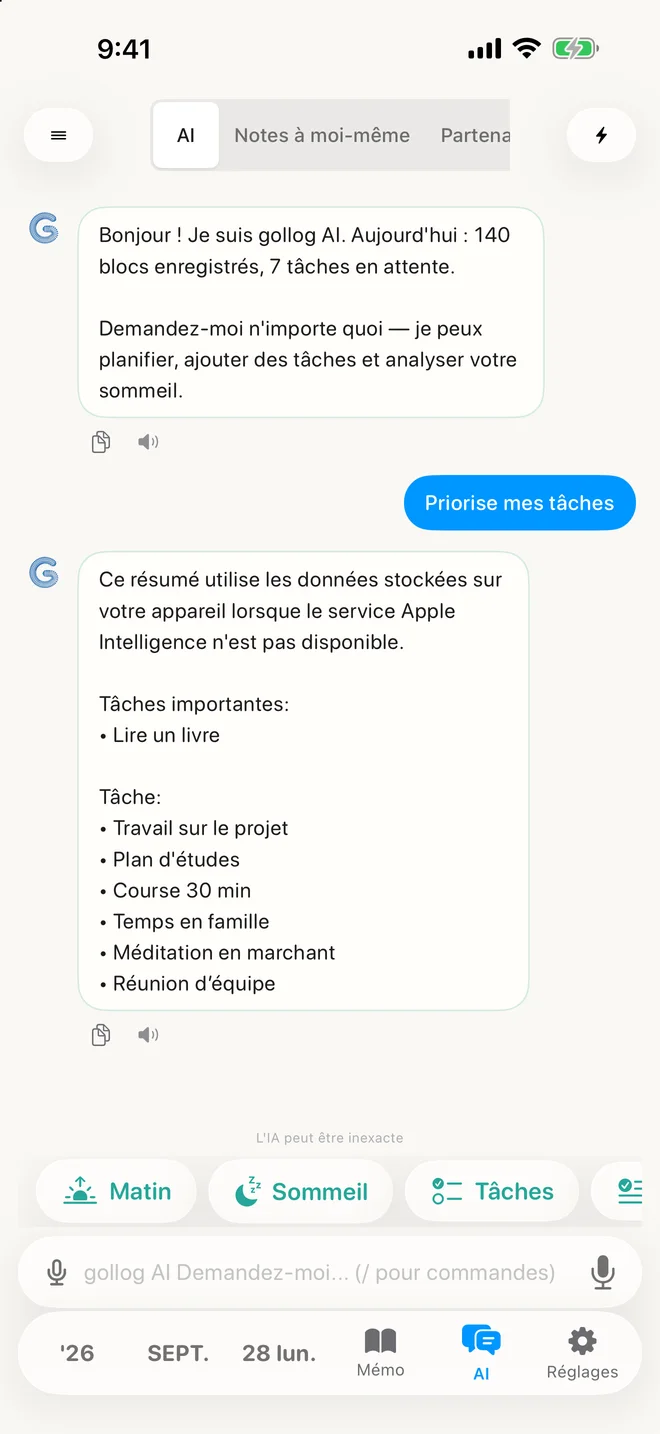gollog — Chat IA. Vrais écrans de l’app, données d’exemple