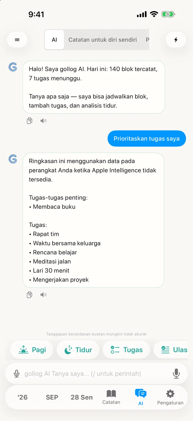 gollog — AI Chat. Layar aplikasi asli dengan catatan contoh