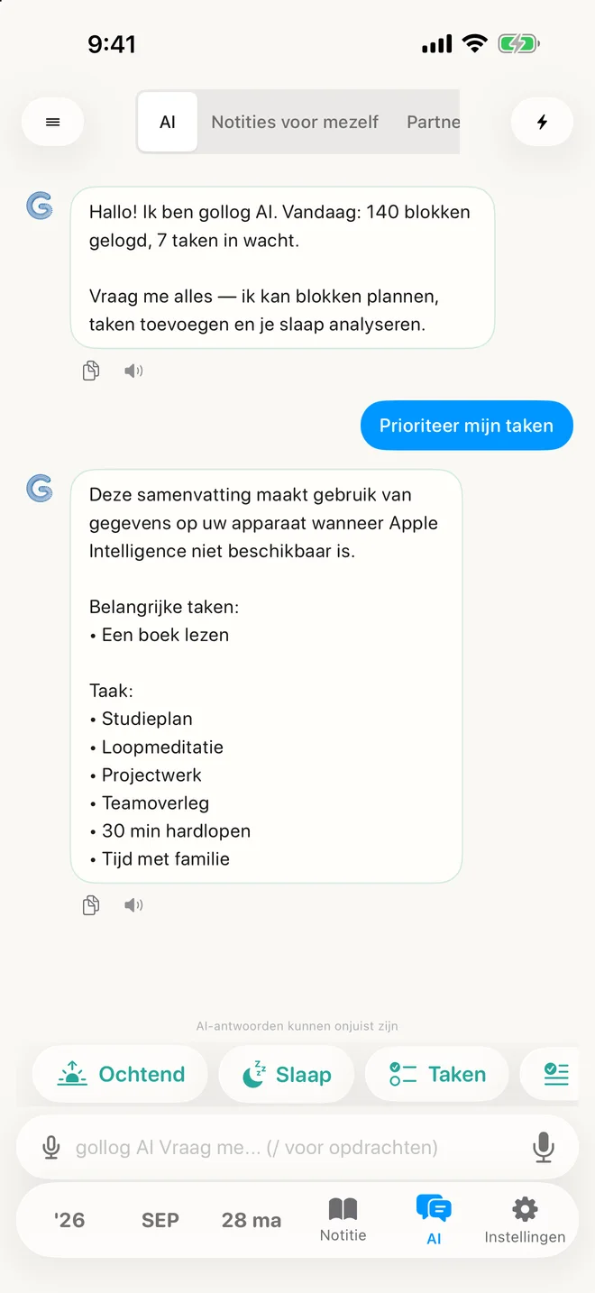 gollog — AI-chat. Echte app-schermen met voorbeeldgegevens