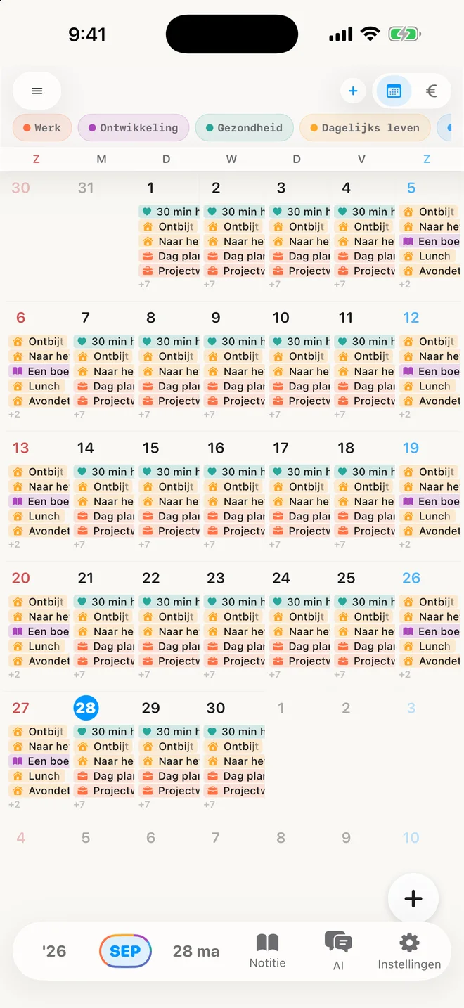 gollog — Maand. Echte app-schermen met voorbeeldgegevens