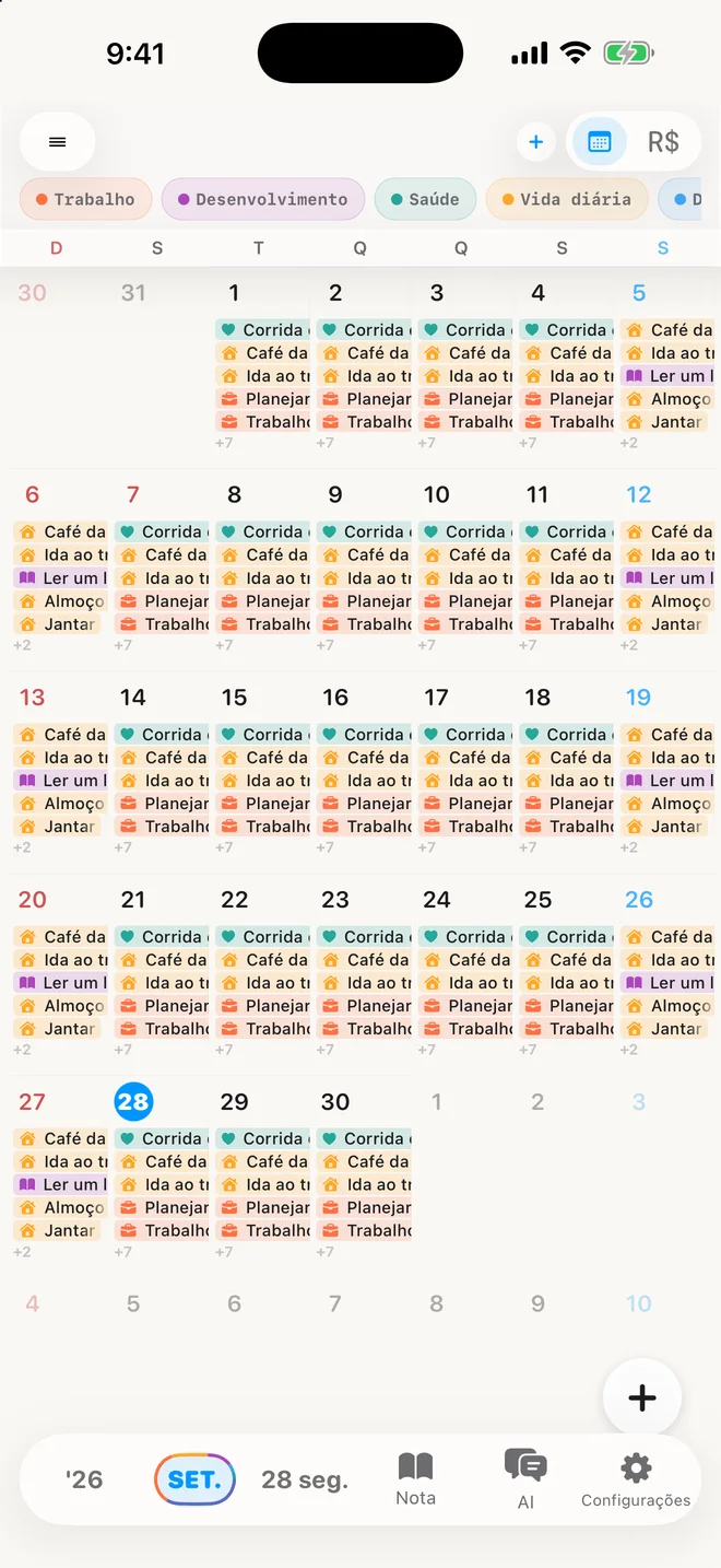 gollog — Mês. Telas reais do app com registros de exemplo