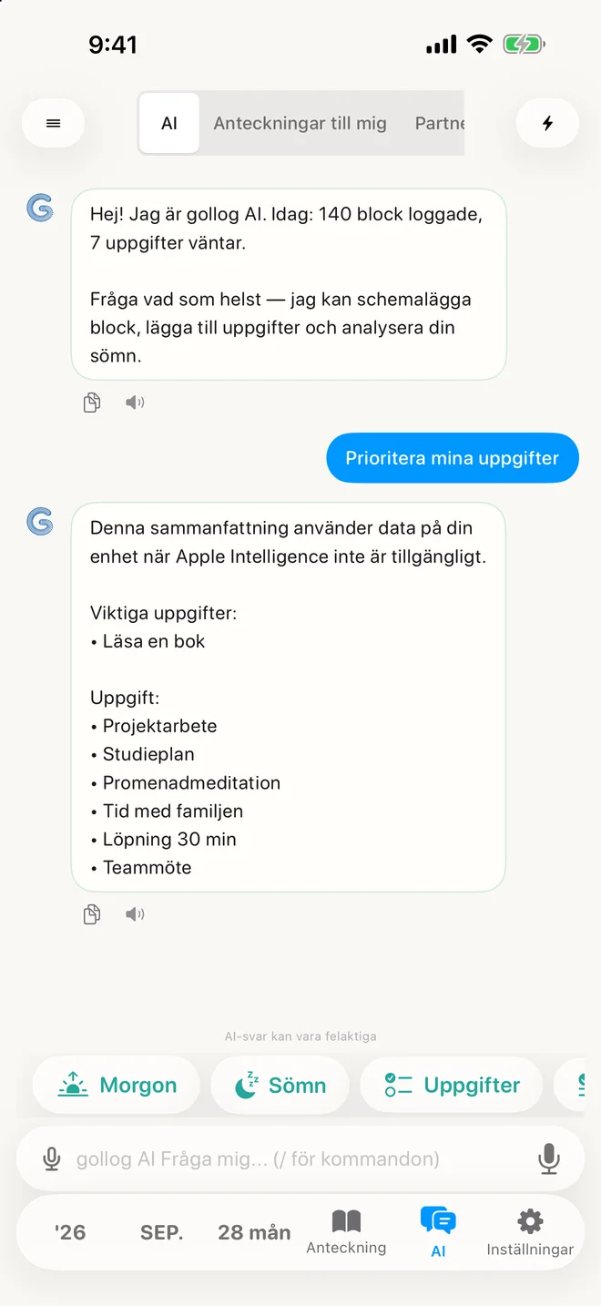 gollog — AI-chatt. Riktiga appvyer med exempeldata