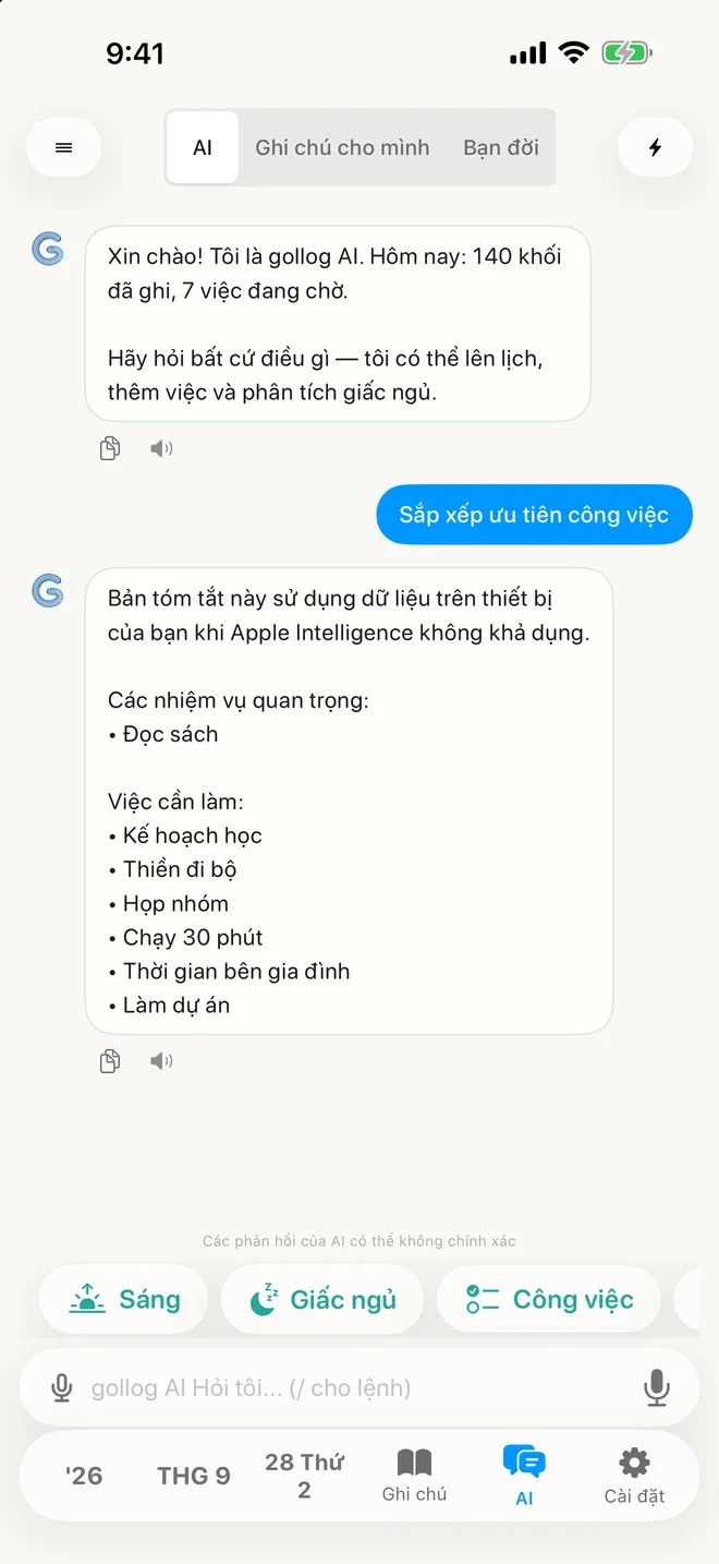 gollog — AI Chat. Màn hình ứng dụng thực tế với dữ liệu minh họa